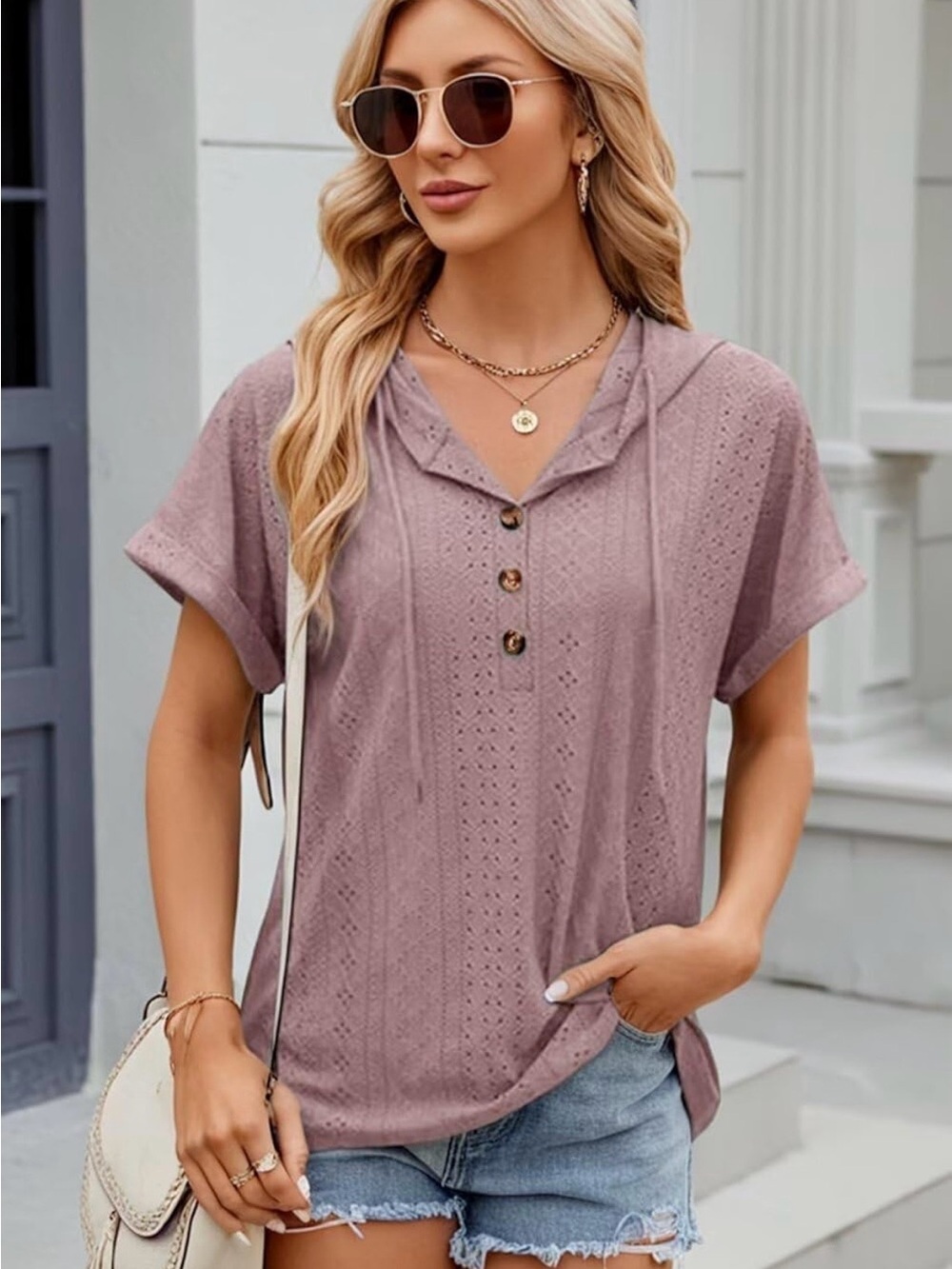 Dokotoo Women’s Eyelet Knit Button Hooded Pullover Top - Mauve(L)